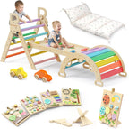 BlueWood Pikler Triangle Set Rainbow with Cushion and Wooden Busy Board