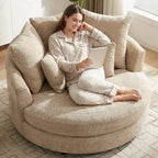 Aoiy & Wifon 59.8" W Oversized Barrel Chairs, Round Accent Chair with Wheels, Extra Large Living Room Chair, Knitted Chenille, Wheat
