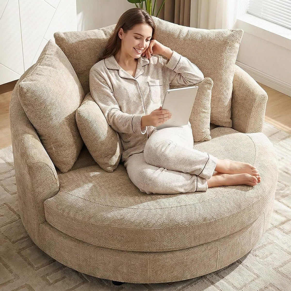Aoiy & Wifon 59.8" W Oversized Barrel Chairs, Round Accent Chair with Wheels, Extra Large Living Room Chair, Knitted Chenille, Wheat