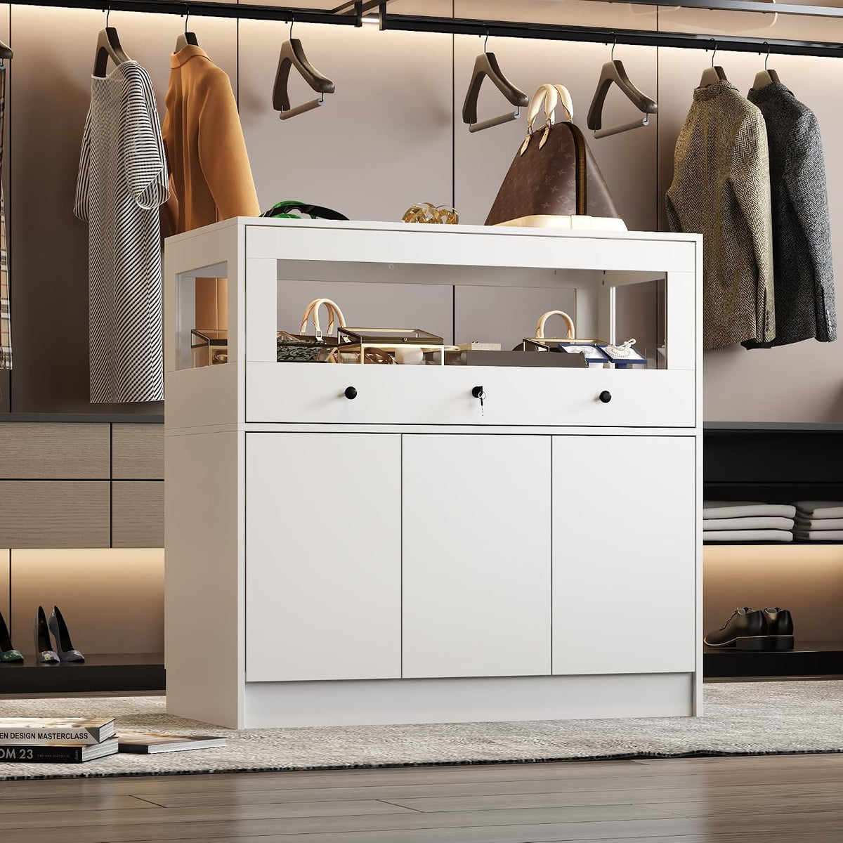 Homsee Wardrobe Armoire Closet with Lock, Walk-in Closet Island Dresser with Glass Showcase, Drawers & Doors, Modern Storage Display Cabinet for Bedroom, Fitting Room & Shops, White