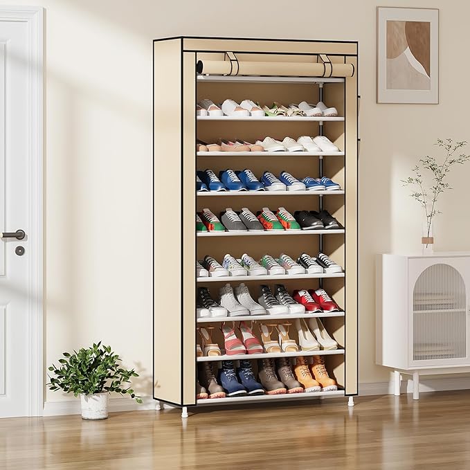 Laiensia 9-Tier Shoe Rack ，Space Saving Shoe Storage Organizer Non-Woven Cover Shoe Shelf Holds 36-45 Pairs for Bedroom, Hallway, Entryway, Beige