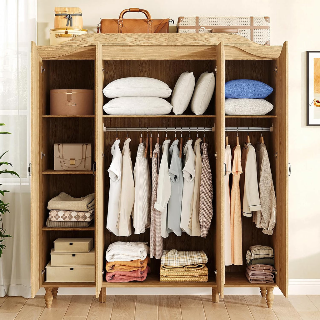 71" H Arched Armoire Wardrobe Closet with 4 Doors, Wooden, Natural