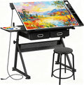 ZENY Adjustable Drafting Table with Stool Tilting Drawing Desk Artist Table | with Outlet, Storage Drawers, Art Craft Workstation for Home Office Reading, Writing, Crafting, Black