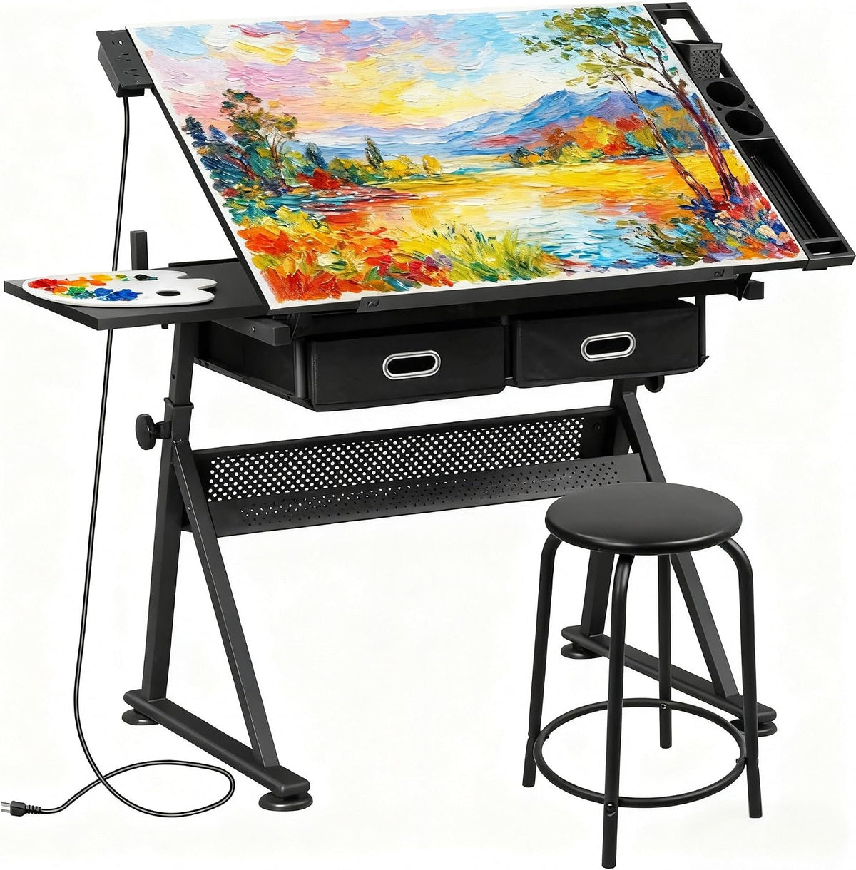 ZENY Adjustable Drafting Table with Stool Tilting Drawing Desk Artist Table | with Outlet, Storage Drawers, Art Craft Workstation for Home Office Reading, Writing, Crafting, Black