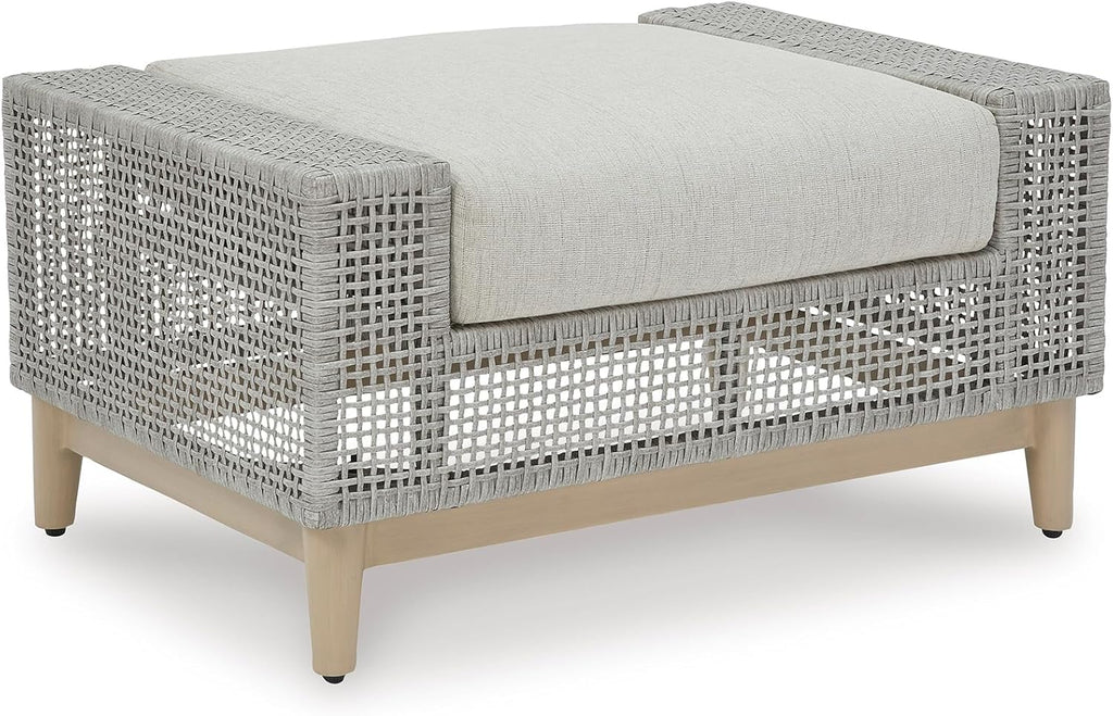 Signature Design by Ashley Seton Creek Casual Nuvella Weather Resistant Fabric Outdoor Ottoman with Cushion, Light Gray & Light Brown