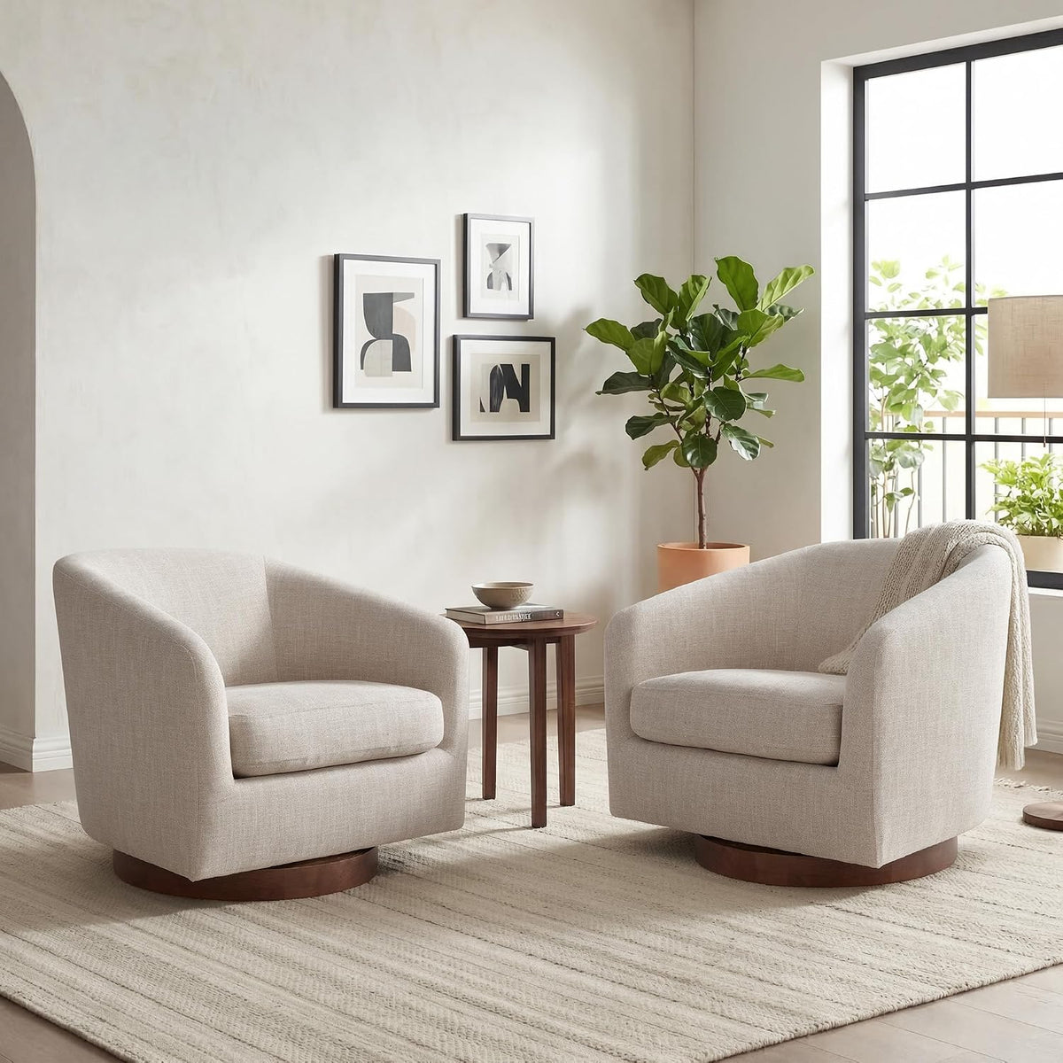 CHITA Swivel Accent Chair Set of 2, Wood Frame, Fully Assembled, Flax Beige | Fabric Barrel Arm Chair with 360° Swivel Solid Wood Base, Mid Century Modern Living Room Chair, 31"x31"x28", 350 Lb Capacity