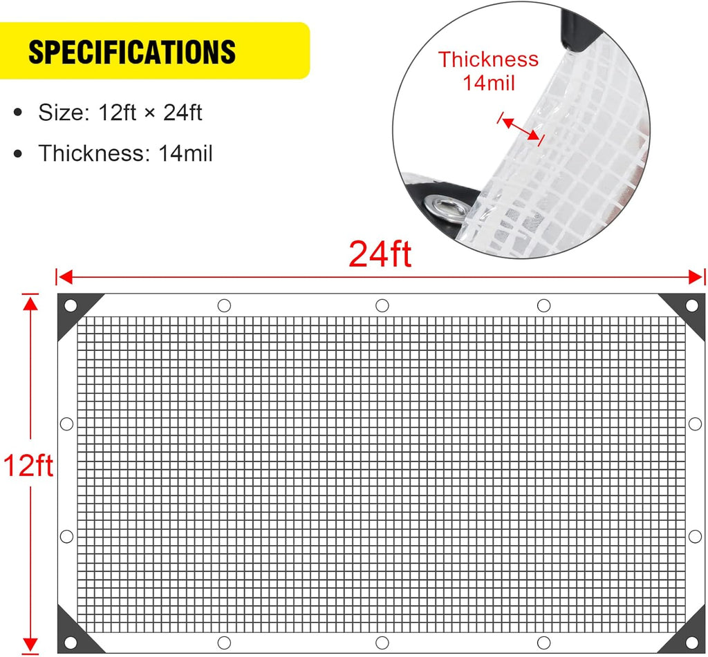 Clear Greenhouse Heavy Duty tarp 14 Mil Clear Waterproof Cover,UV Resistant Poly Tarp with Grommets 12x24ft Superior Strength,for Gardening, Farming, Nursery, Garden