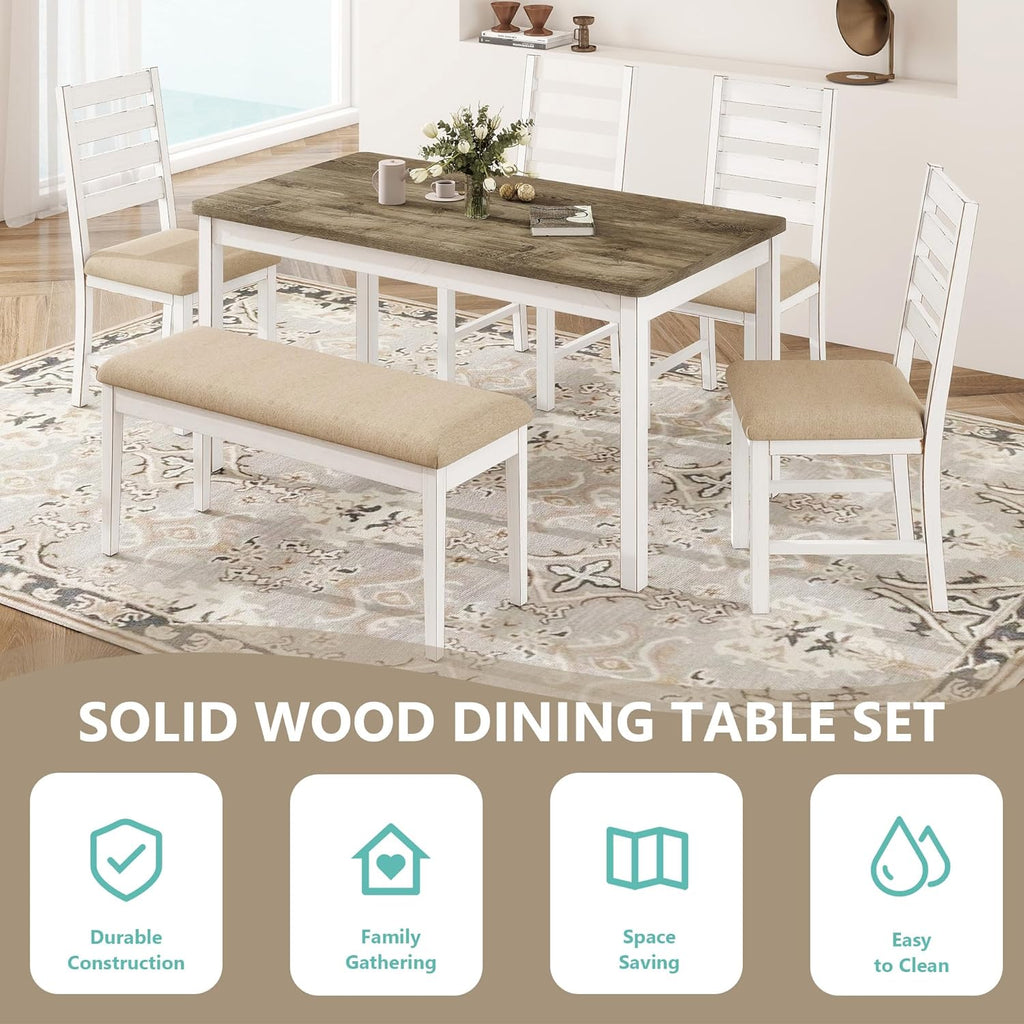 ROCSUMOO 6 Piece Farmhouse Dining Table Set of 6 with 4 Chairs & 1 Bench | 59" Rectangular Kitchen Table Set with Old Design, Farmhouse White Dinner Room Set Solid Wood Stable Space Saving