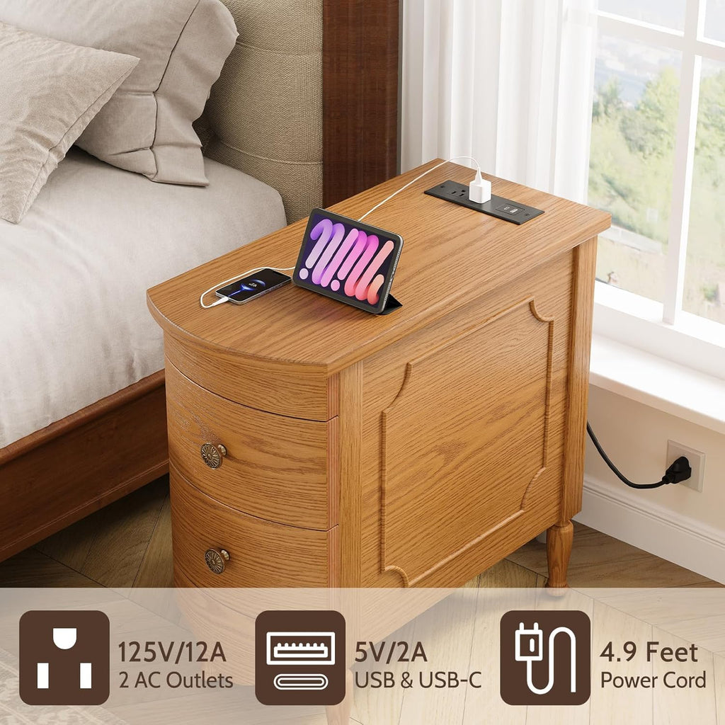 End Table Set of 2 with Charging Station, Narrow Side Table with 2 Drawer, Wood Sofa Side Table for Living Room, Vintage Slim Nightstand for Bedroom, Pre-Assembled (Light Walnut)