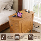 End Table Set of 2 with Charging Station, Narrow Side Table with 2 Drawer, Wood Sofa Side Table for Living Room, Vintage Slim Nightstand for Bedroom, Pre-Assembled (Light Walnut)