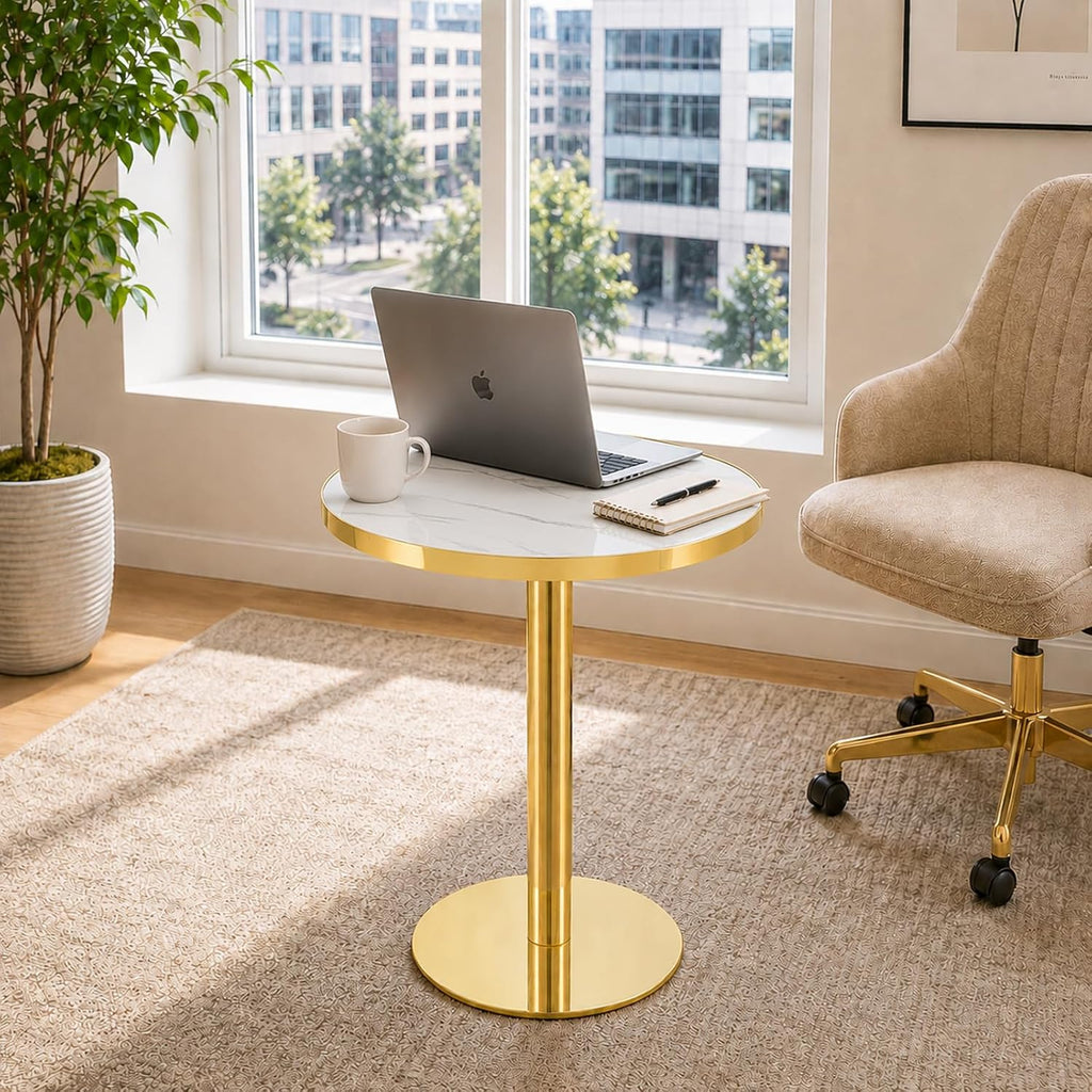 TesNus 23.6" Small Round Dining Table for 2, Circle Tulip Table, Faux Marble Top with Gold Metal Pedestal Base, Modern Leisure Coffee Table for Small Spaces, Cafe, Office, White&Gold