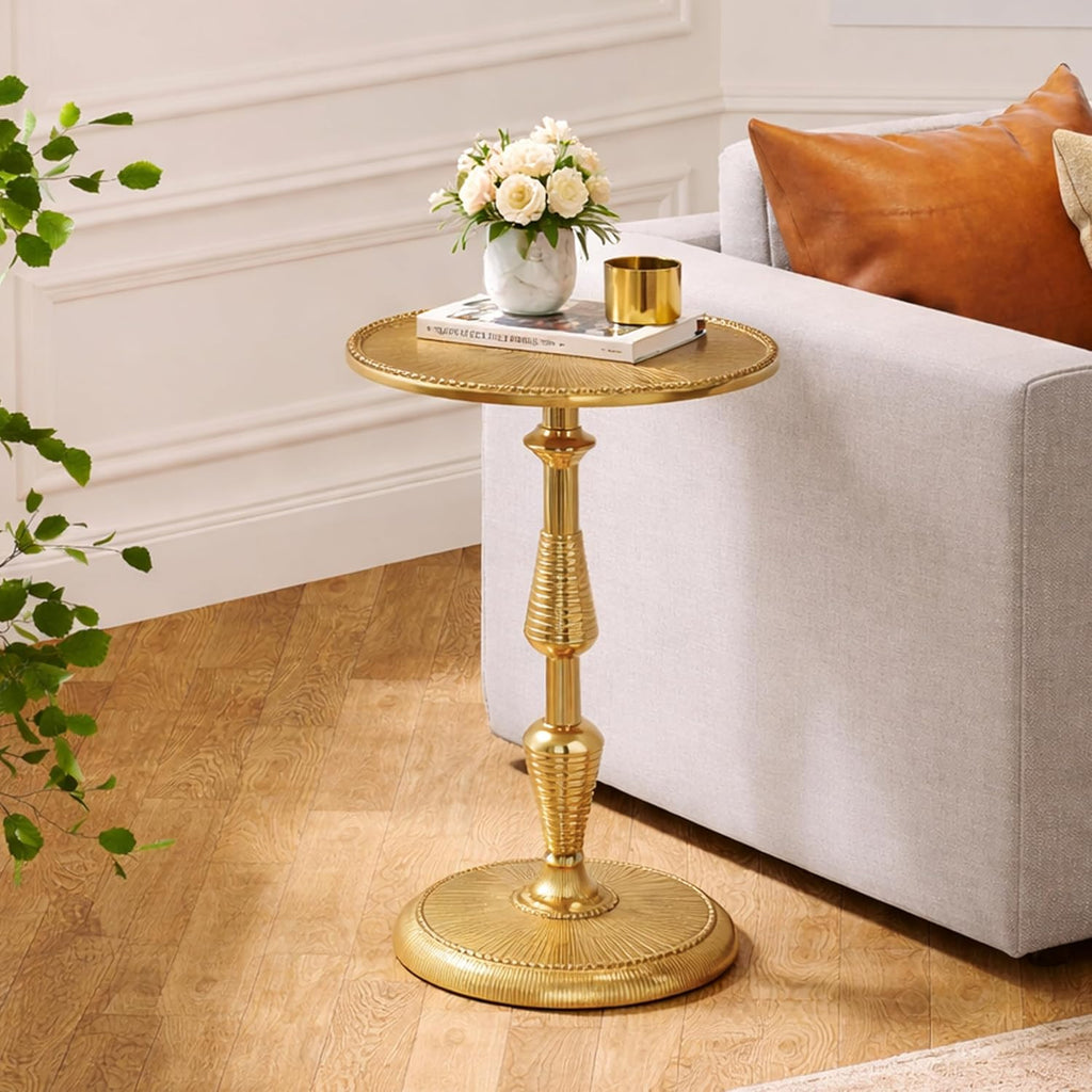 CLEENTABLE Modern Round Gold End Table - 15" Width x 21" Height Metal Side Table for Living Room, Bedroom & Small Spaces - Luxury Gold Finish Accent Table