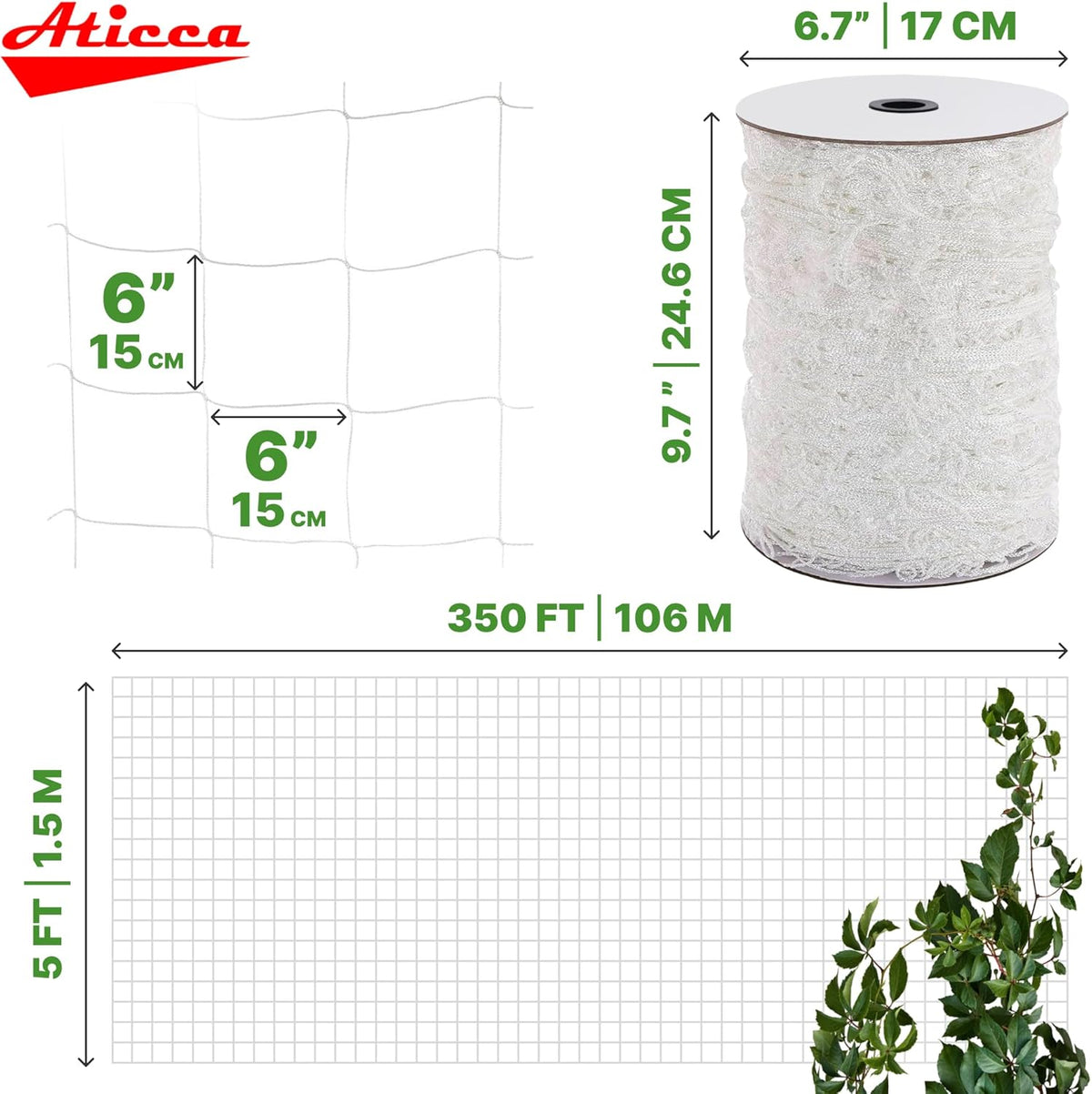 Trellis Netting 5 x 350 ft Heavy Duty Polyester Plant Support Netting White - 6 Inch Garden Rope Trellis on Roll - Mesh Twine for Growing Vine Climbing Plants, Flowers, Peas, and Tomatoes
