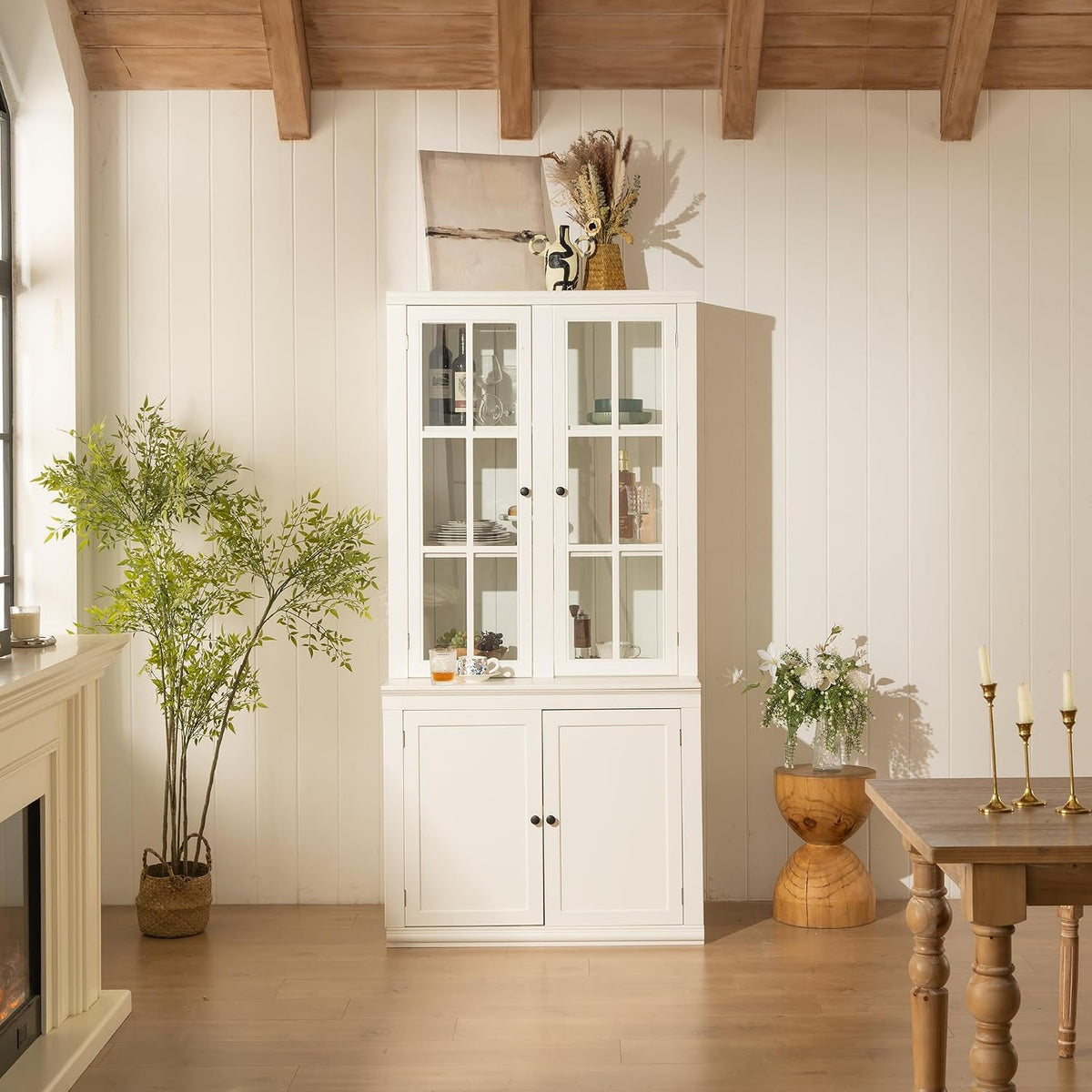 roomfitters 75.25'' Pantry Cabinet with Glass Door, Farmhouse Hutch Display Cabinet with Storage for Kitchen and Living Room, White