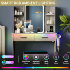Vanity Desk with LED Lights Mirror & Power Outlet, Small Makeup Vanity Table Set with Storage Drawers & Chair, 3 Lighting Modes & Adjustable Brightness, Dressing Table for Women Girls Bedroom, Grey