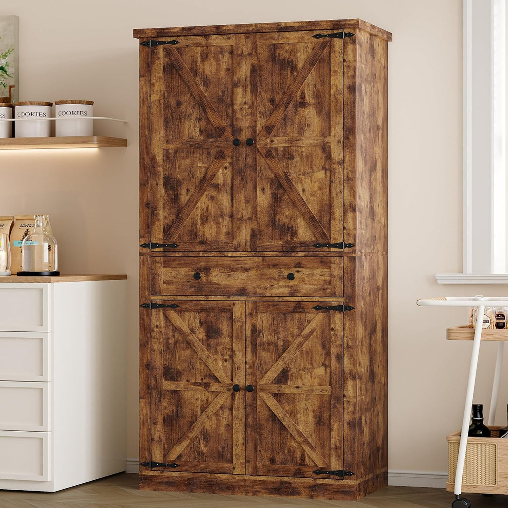 BORNOON Pantry Organizers and Storage Cabinet, 67.71” Barn Door White Kitchen Cabinet with Drawers and Adjustable Shelf, Tall Pantry for Kitchen, Dining Room, Living Room