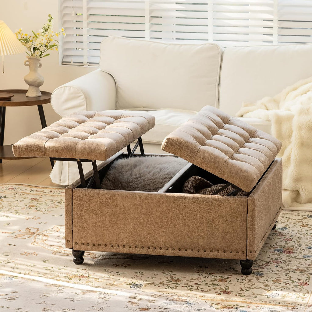 Redlife 35 Inch Large Square Storage Ottoman, Coffee Table Ottoman, Faux | Lift Top Ottomans Bench Square Footrest Oversized Upholstered Coffee Table for Living Room Bedroom Faux Leather (Champagne)