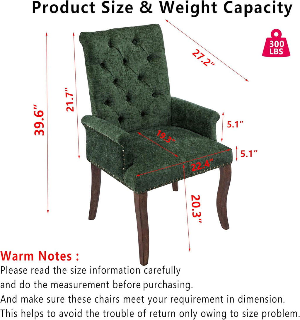 Chenille Tufted Dining Chairs with High Back,Neutral Fabric Upholstered Kitchen Chair with Rustic Solid Wood Legs,Farmhouse Side Chairs with Arms Nailhead Trim for Dining Room (Olive, 1PC)