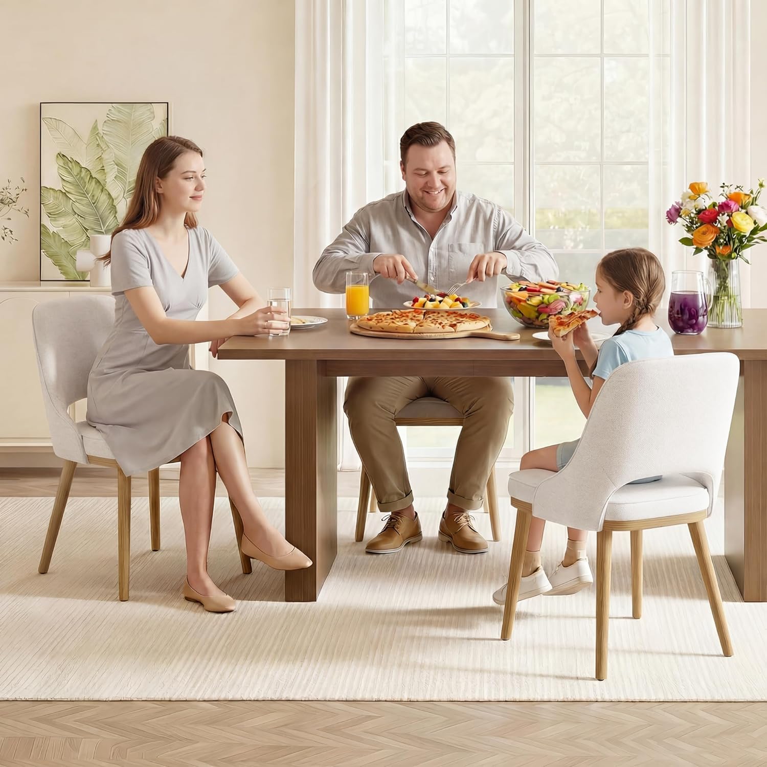 Modern Upholstered Dining Chairs Set of 6, Open Back with Solid Wood Legs, Ergonomic Curved Back Fabric Kitchen Chairs for Dining Room & Kitchen, Living Room Side Chairs, Farmhouse, Beige