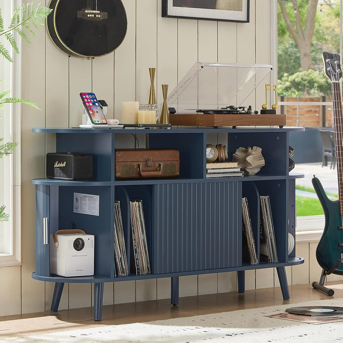 LELELINKY Extra Large Round Record Player Stand with Charging Station | Mid Century Modern Fluted Turntable Cabinet,Vinyl Storage, Arched Wood Record Player Table for Living Room,Blue