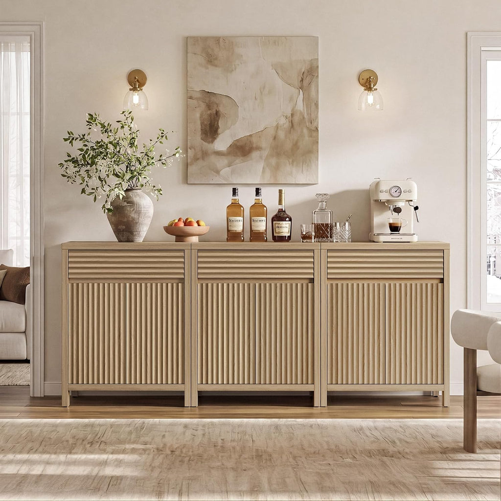 SICOTAS 87" Extra Large Buffet Cabinet with Storage, Modern Fluted Sideboard Cabinet with Drawers & Adjustable Shelves, Premium Credenza for Large Spaces, Reclaimed Light Oak, 3 PCS