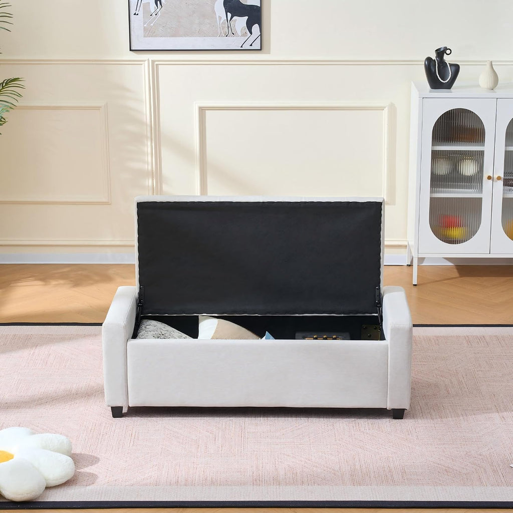 48" Storage Bedroom Bench for End of Bed, Faux Linen Upholstered Storage Ottoman with Arms for Bedroom,Living Room, Entryway, Beige