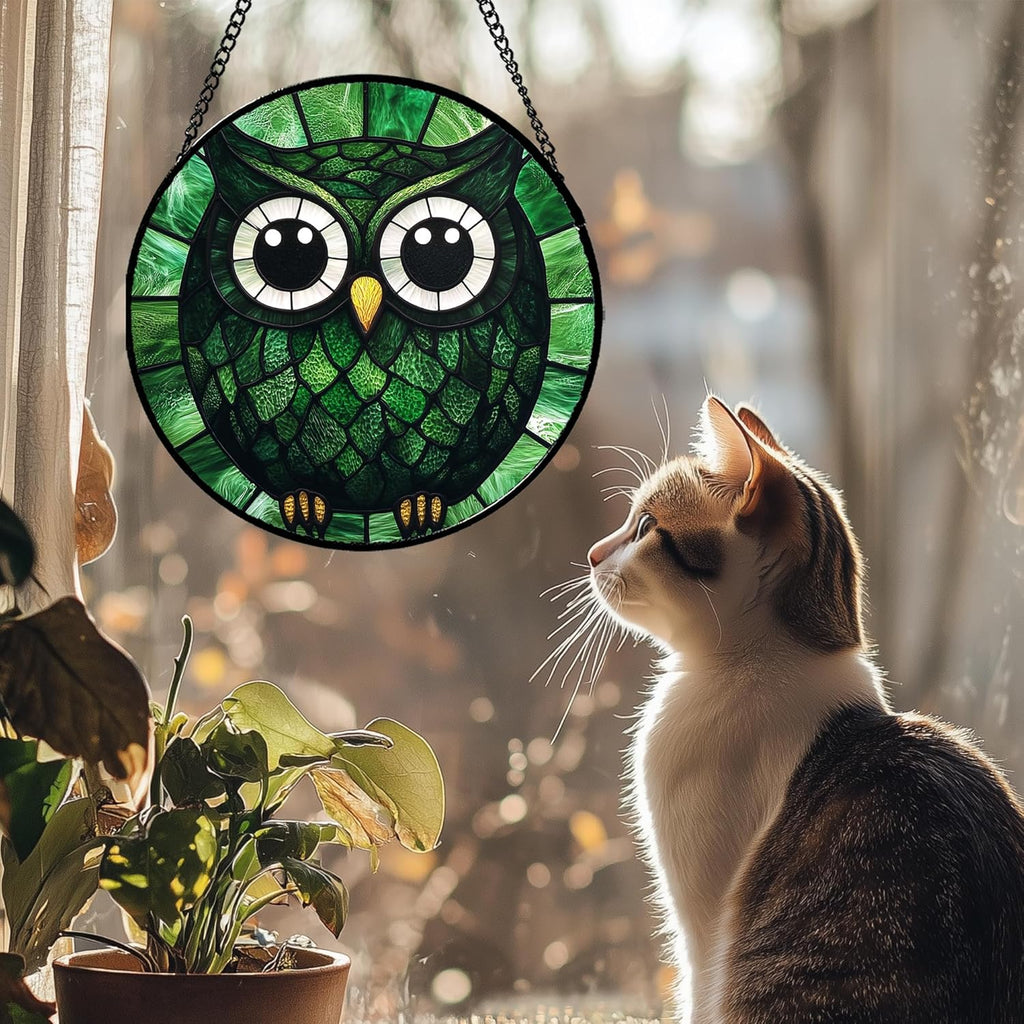 Stained Glass Window Hanging - Green Owl Suncatcher for Doors Garden Patio Funny Bird Sun Catchers Decor Christmas Mother's Day Birthday Teenager Gifts for Women Men Mom Nana Friend 7.8 in