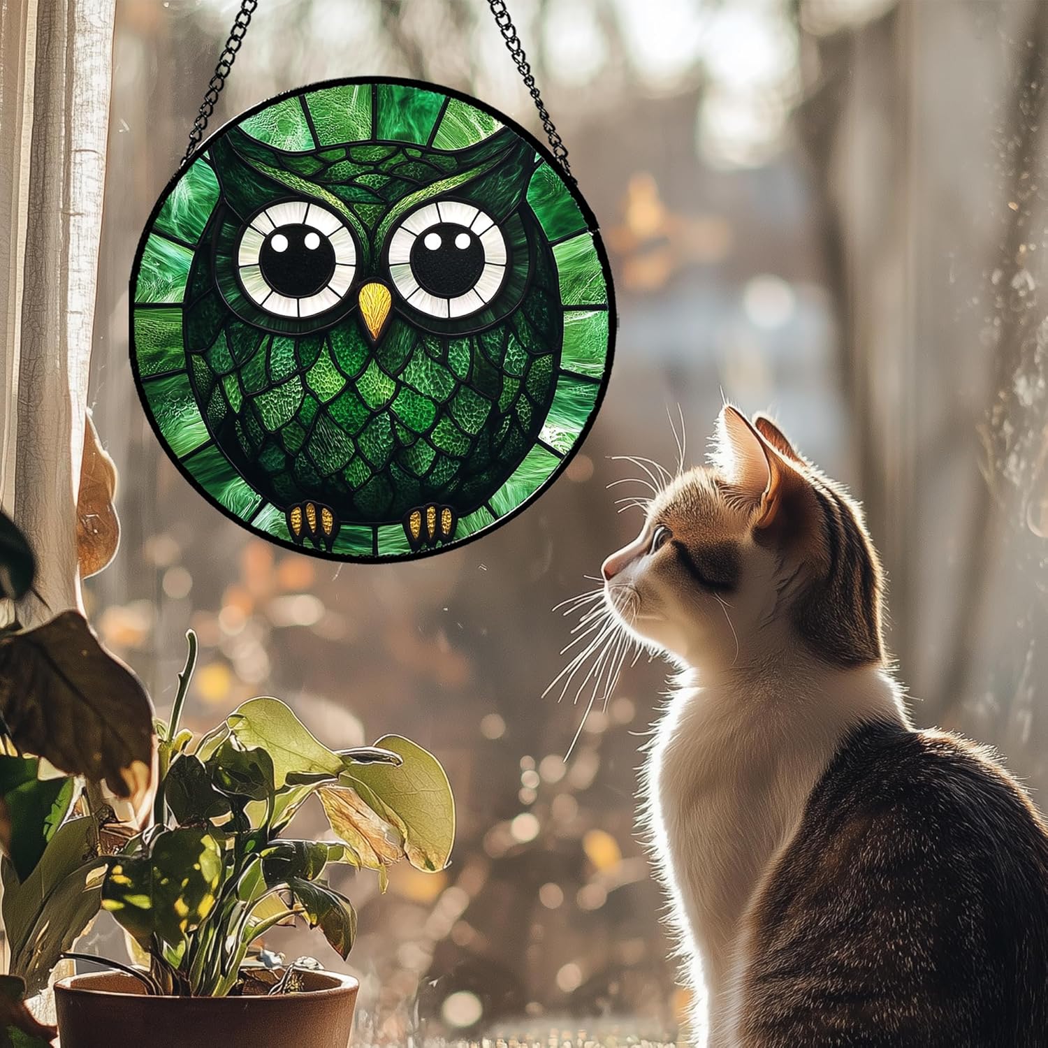 Stained Glass Window Hanging - Green Owl Suncatcher for Doors Garden Patio Funny Bird Sun Catchers Decor Christmas Mother's Day Birthday Teenager Gifts for Women Men Mom Nana Friend 7.8 in