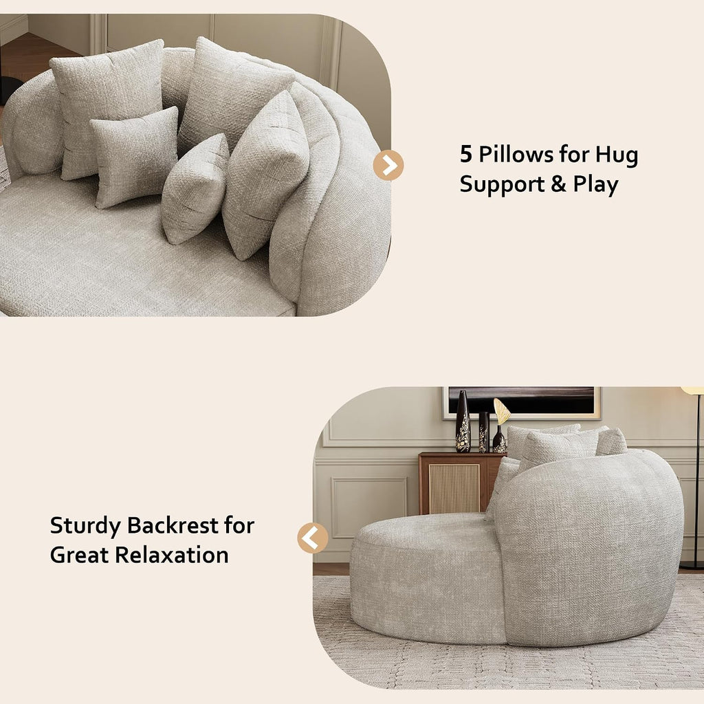 53.5" Oversized Round Chaise Lounge with Ottoman, Chenille, Beige White | Deep Seating Chair, Soft Chenille, a Matching Ottoman Offer Cloud-like Comfort for Reading, Lounging and Relaxing