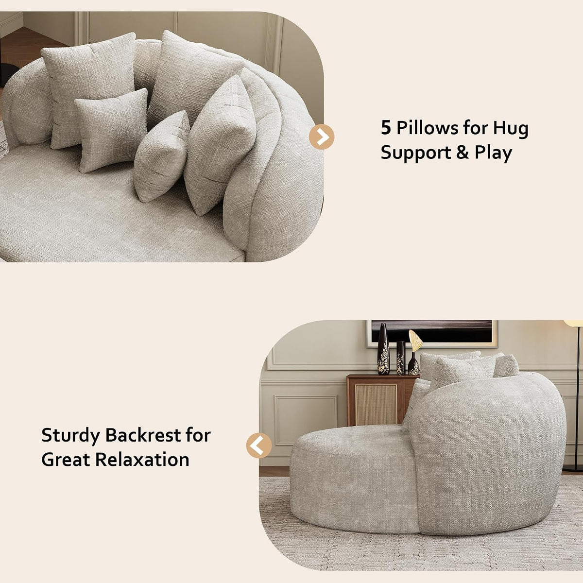 53.5" Oversized Round Chaise Lounge with Ottoman, Chenille, Beige White | Deep Seating Chair, Soft Chenille, a Matching Ottoman Offer Cloud-like Comfort for Reading, Lounging and Relaxing