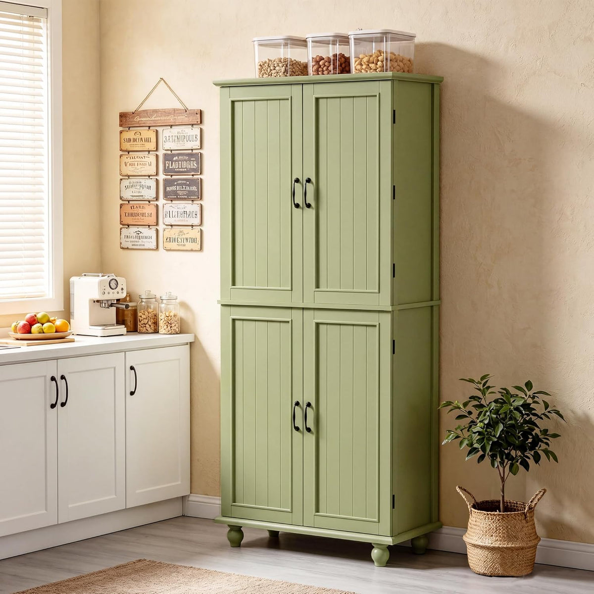 Scurrty Kitchen Pantry Cabinet, 69'' Pantry Storage Cabinet with 4 Doors and Shelves, Farmhouse Kitchen Cabinet with 3 Drawers, Freestanding Wooden Cupboard for Living Room and Dinning Room (Green)