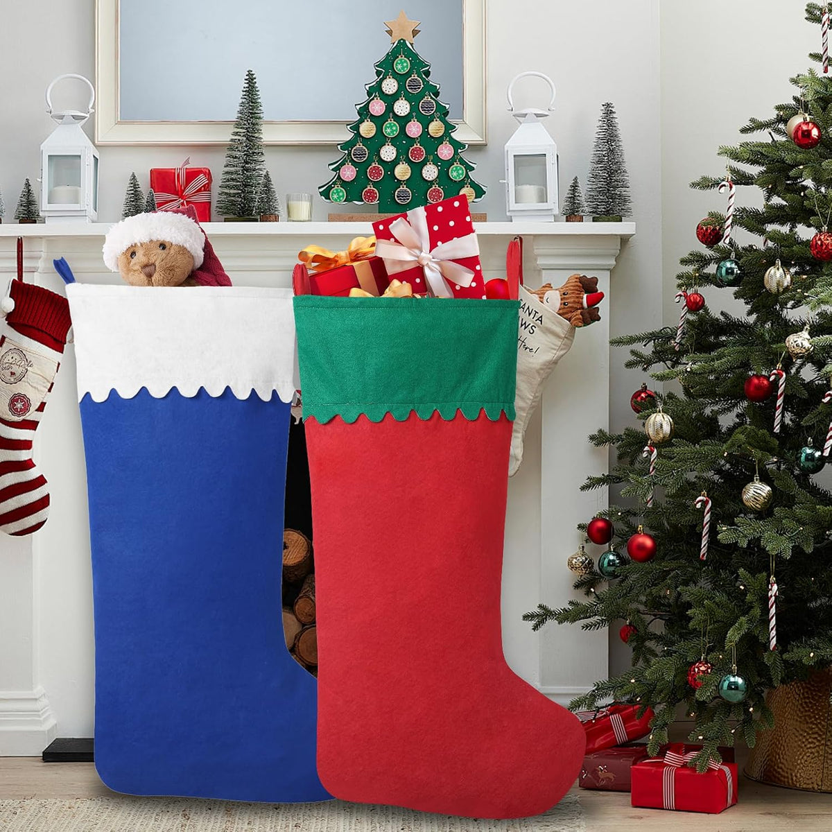 2 Pack Jumbo Felt Christmas Stockings, 38 Inches Large Red and White Felt Christmas Stockings for Xmas Tree Fireplace Hanging Decor and Holiday Party Family Home Decorations