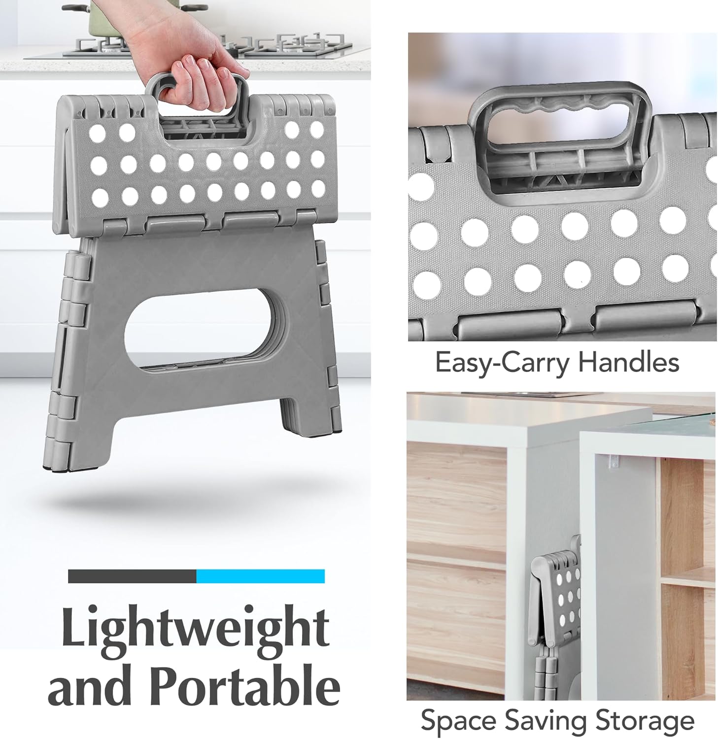 Handy Laundry Folding Lightweight Step Stool - Sturdy Enough to Support Adults - Opens Easy with One Flip - Great for Kitchen, Bathroom or Bedroom (Gray - 8 Inch)