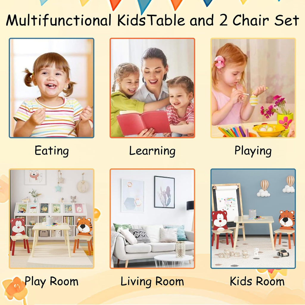 3 Pieces Table and Chair Set, Tiger & Bear Pattern Activity Play Set with Solid Wood Legs, Wooden Furniture for Playroom, Daycare & Kindergarten