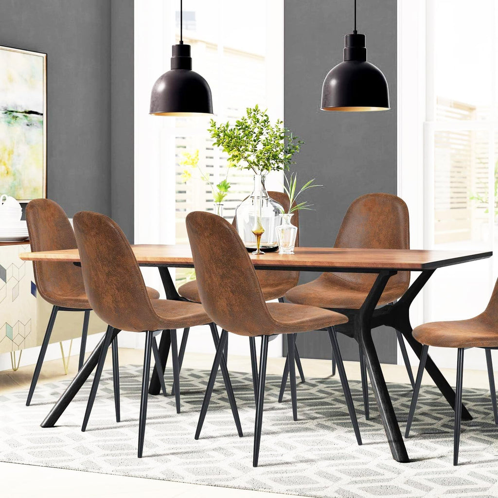 FurnitureR Dining Chairs Set of 6, Faux Suede Upholstered Kitchen & Dining Room Chairs with Metal Legs, Comfortable Mid-Back Side Chairs for Holiday Hosting & Everyday Use, Brown