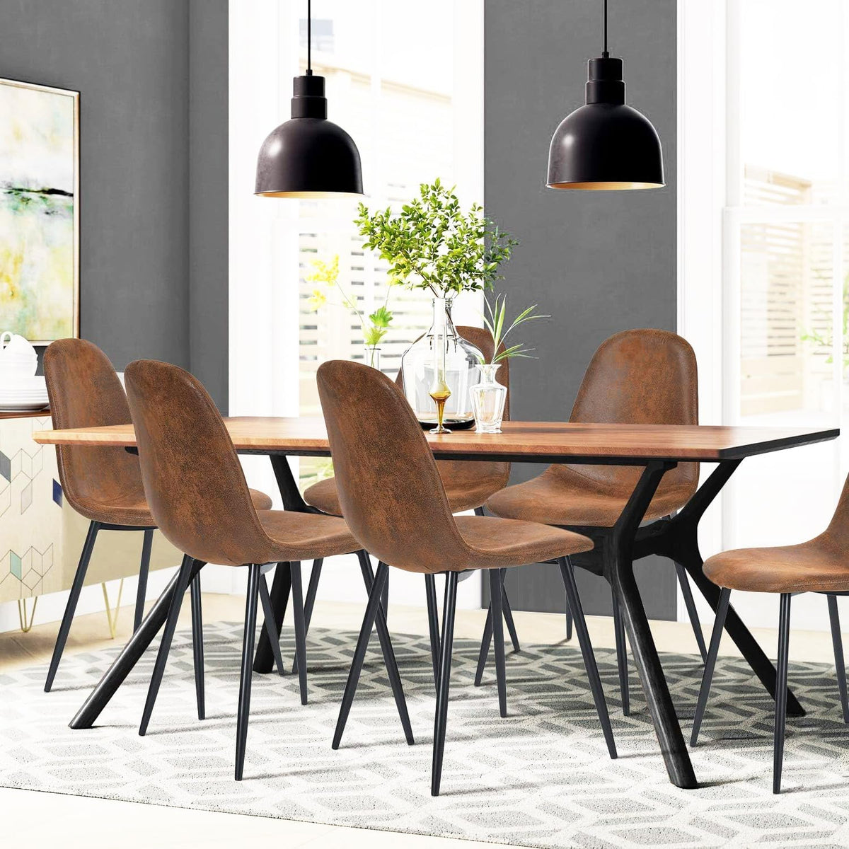 FurnitureR Dining Chairs Set of 6, Faux Suede Upholstered Kitchen & Dining Room Chairs with Metal Legs, Comfortable Mid-Back Side Chairs for Holiday Hosting & Everyday Use, Brown