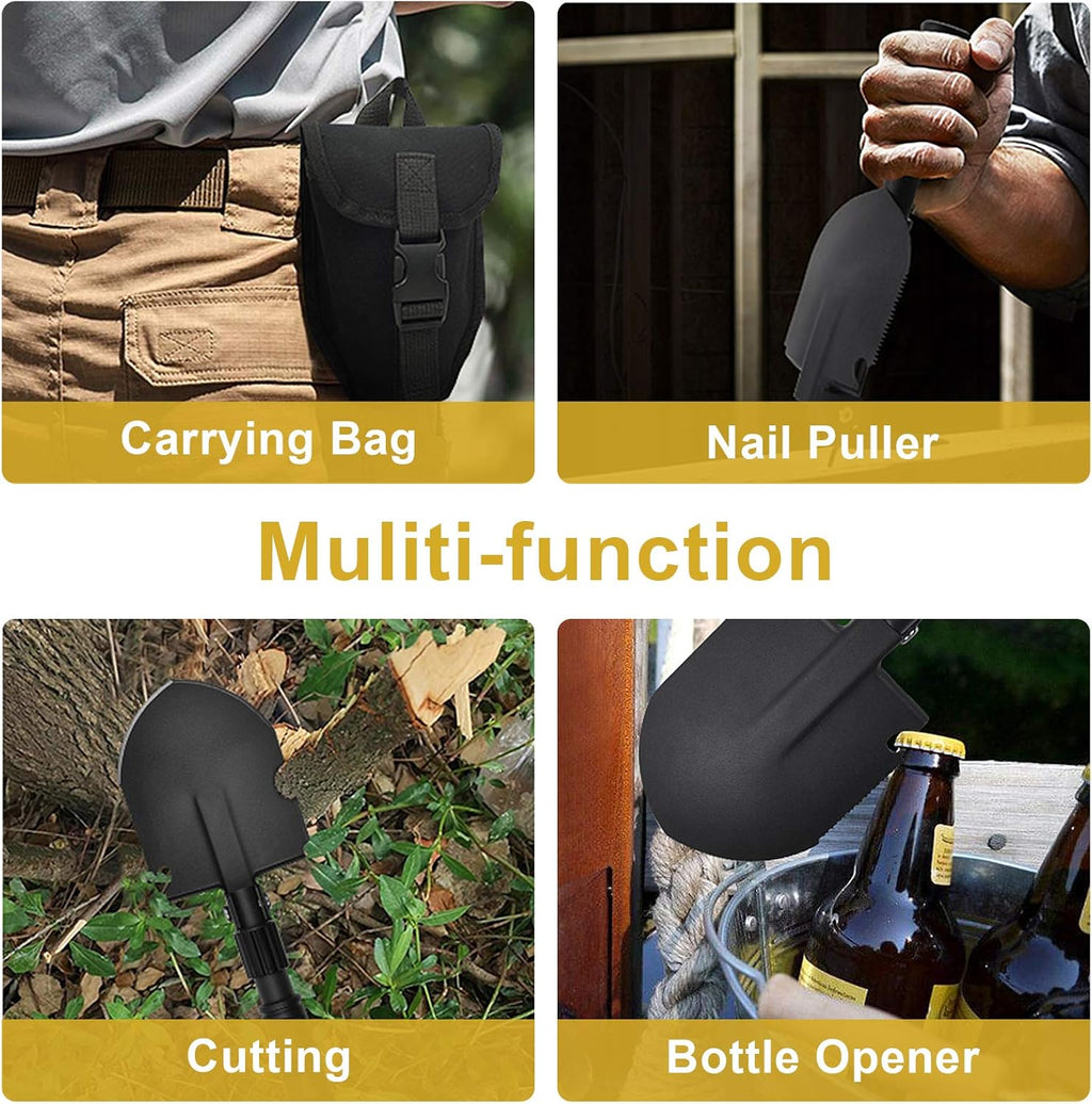 Camping Shovel, (24.21'') Survival Off Road E Tool Folding Shovel with Pickaxe, Portable Bag, High Carbon Steel, for Digging, Backpacking, Hiking, Gardening, Emergency, Outdoor