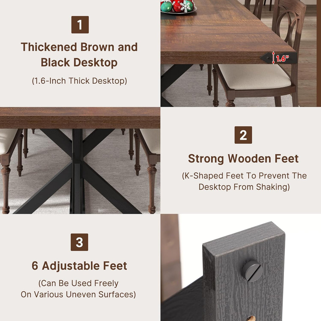 Hlivelood Dining Table for 8 10 People,Rectangular Kitchen Farmhouse Table W/Waterproof Wood Tabletop,Long Dining Room Tables W/Wood Strip Base for Kitchen Living Room(94IN BR&BK)
