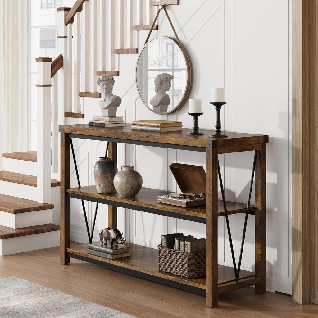 Garvee Farmhouse Console Table, 47 in Narrow Long Entryway Table with Storage, 3 Tier Wood Console Table for Living Room, Skinny Sofa Tables Behind Couch, Rustic Hallway Table for Entryway