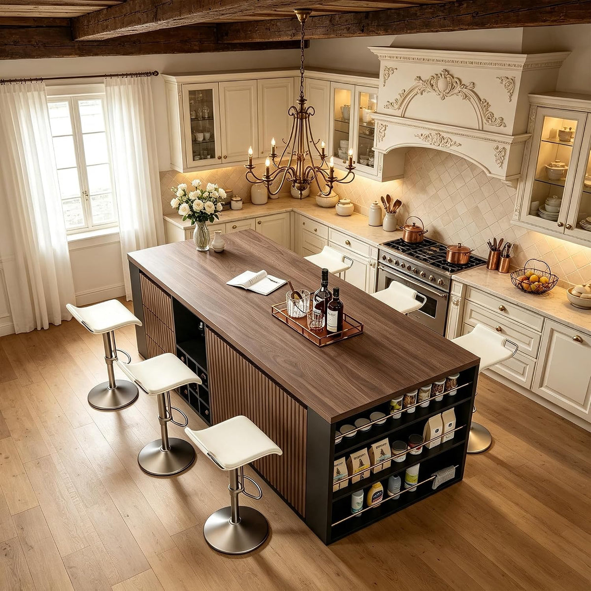 71" Kitchen Island with 3 Drawers, Wine Rack & Side Storage,Walnut | Dual-door cabinet, adjustable shelves. Glass holders & side rack for storage. Durable, wear-resistant top. Fits dining & prep