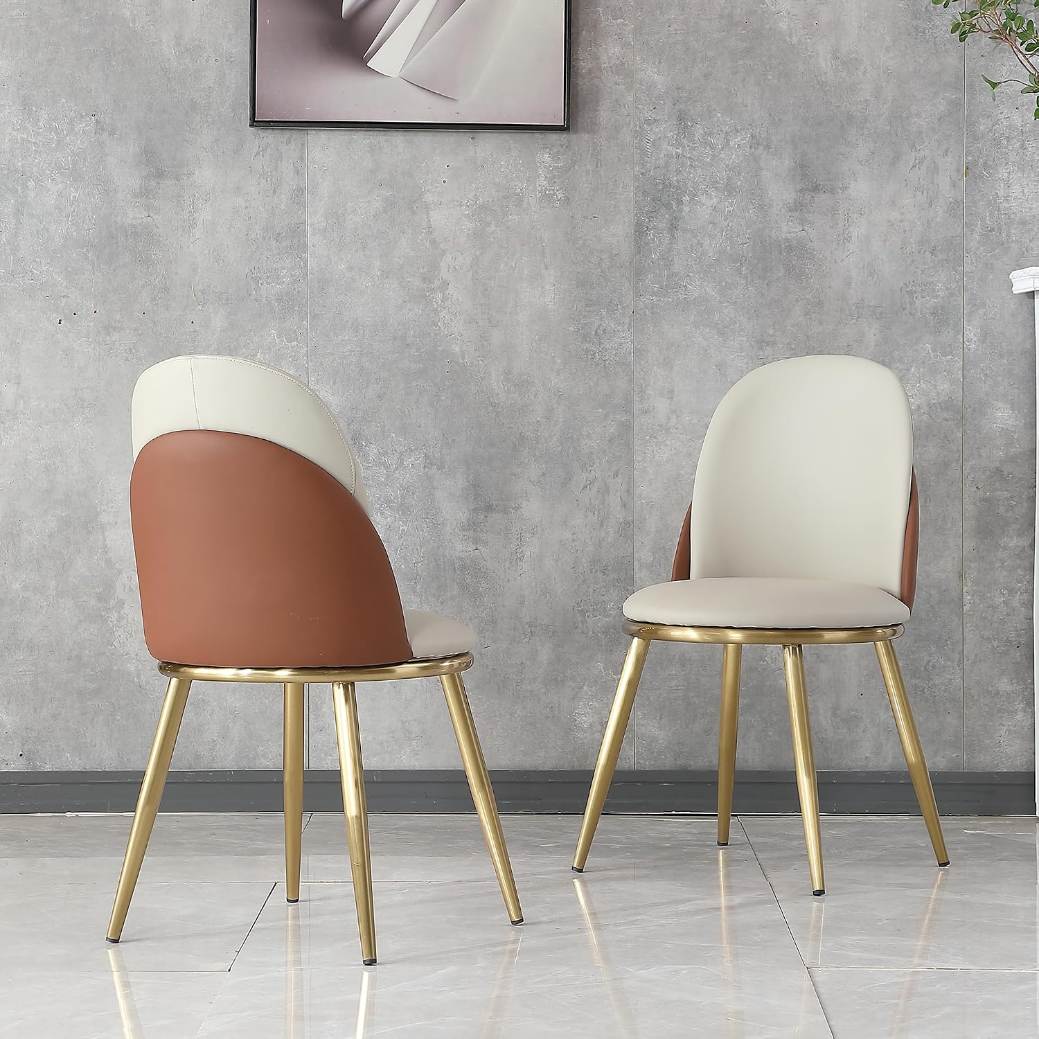 Dining Chairs Set of 2, Modern Faux Leather Chair with Sturdy Gold Metal Legs and Ergonomic Backrest, 2-PCS Dining Room Chairs for Living Kitchen Dining (Beige+Light Brown)