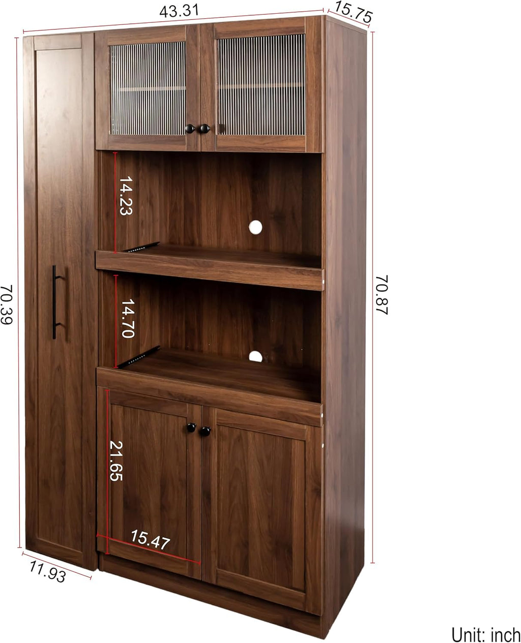 Jmyab 70.87" Kitchen Pantry Cabinet, Kitchen Pantry Cabinet with Storage Shelves, Farmhouse Storage with 4 Doors, Tall Organizers for Living Room Dining Room, Walnut