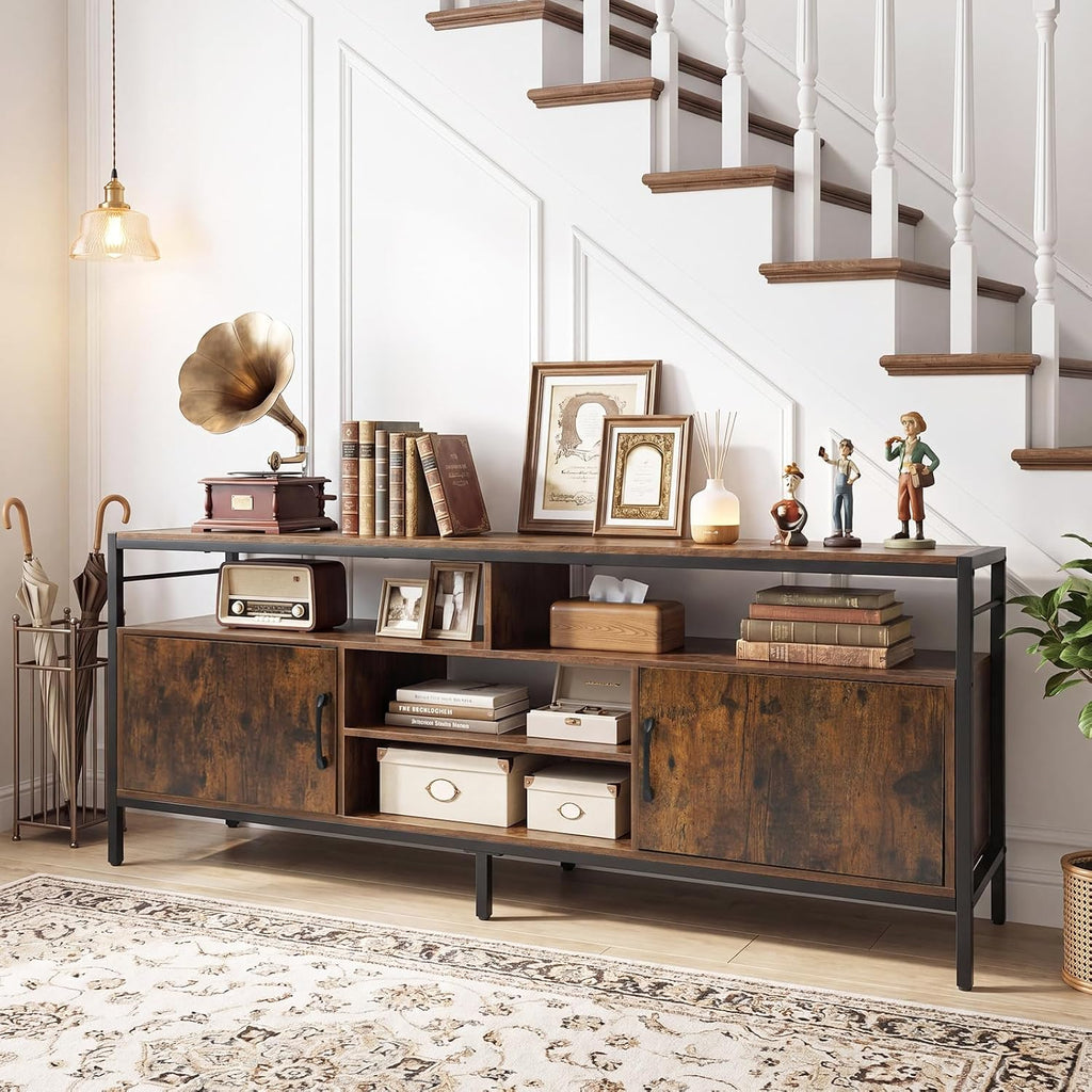 Tangkula Industrial TV Stand for TVs up to 65”, Entertainment Center with 2 Storage Cabinets & 4 Open Shelves, Wooden TV Cabinet with Raised Metal Legs, Media TV Console Table (Backless, Rustic Brown)
