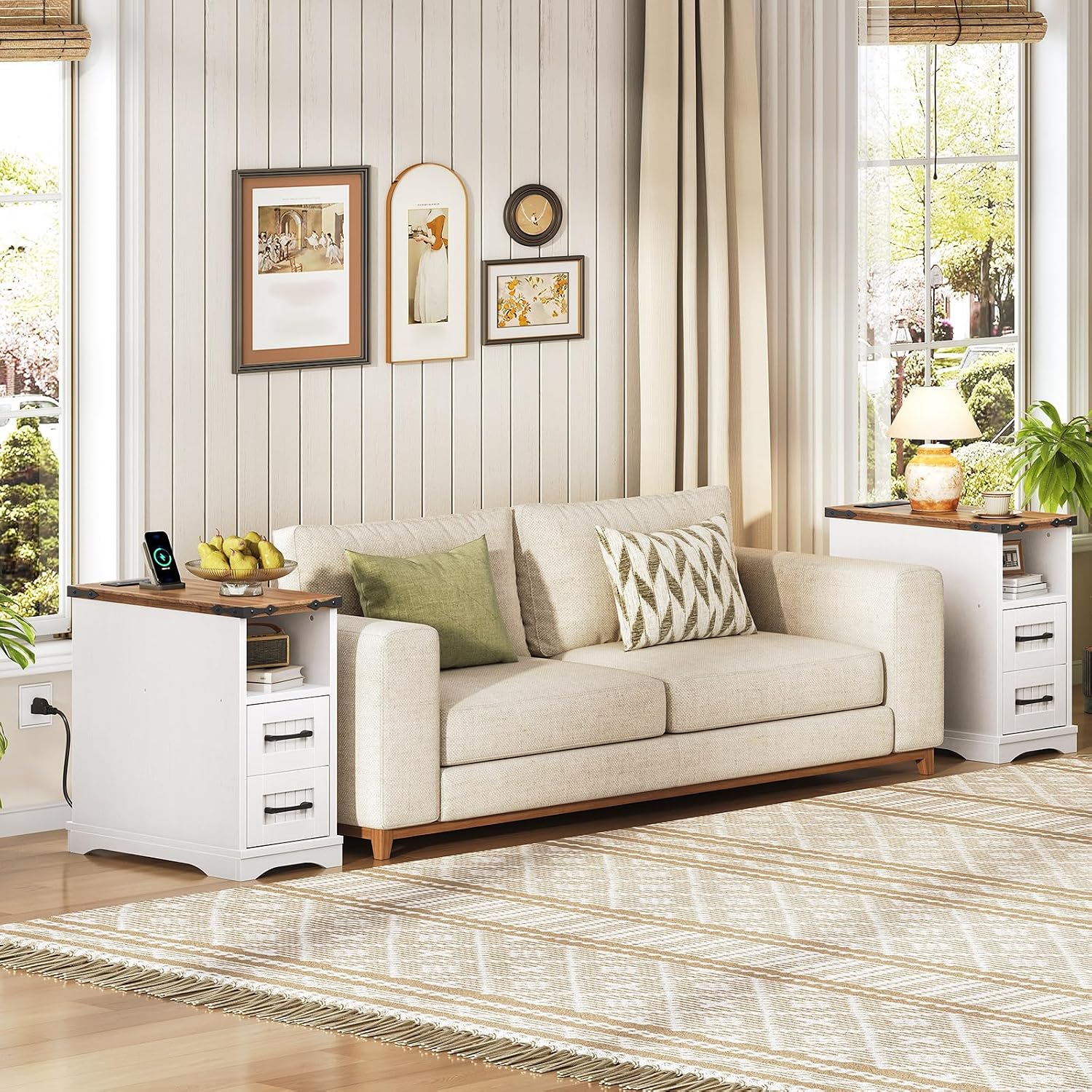 HOOBRO Narrow End Table with Drawers, Farmhouse Nightstand with Charging Station, 3 Storage Shelves on the Back, Slim Bedside Table for Living Room, Bedroom, Small Space, White and Walnut WH362UBZ01