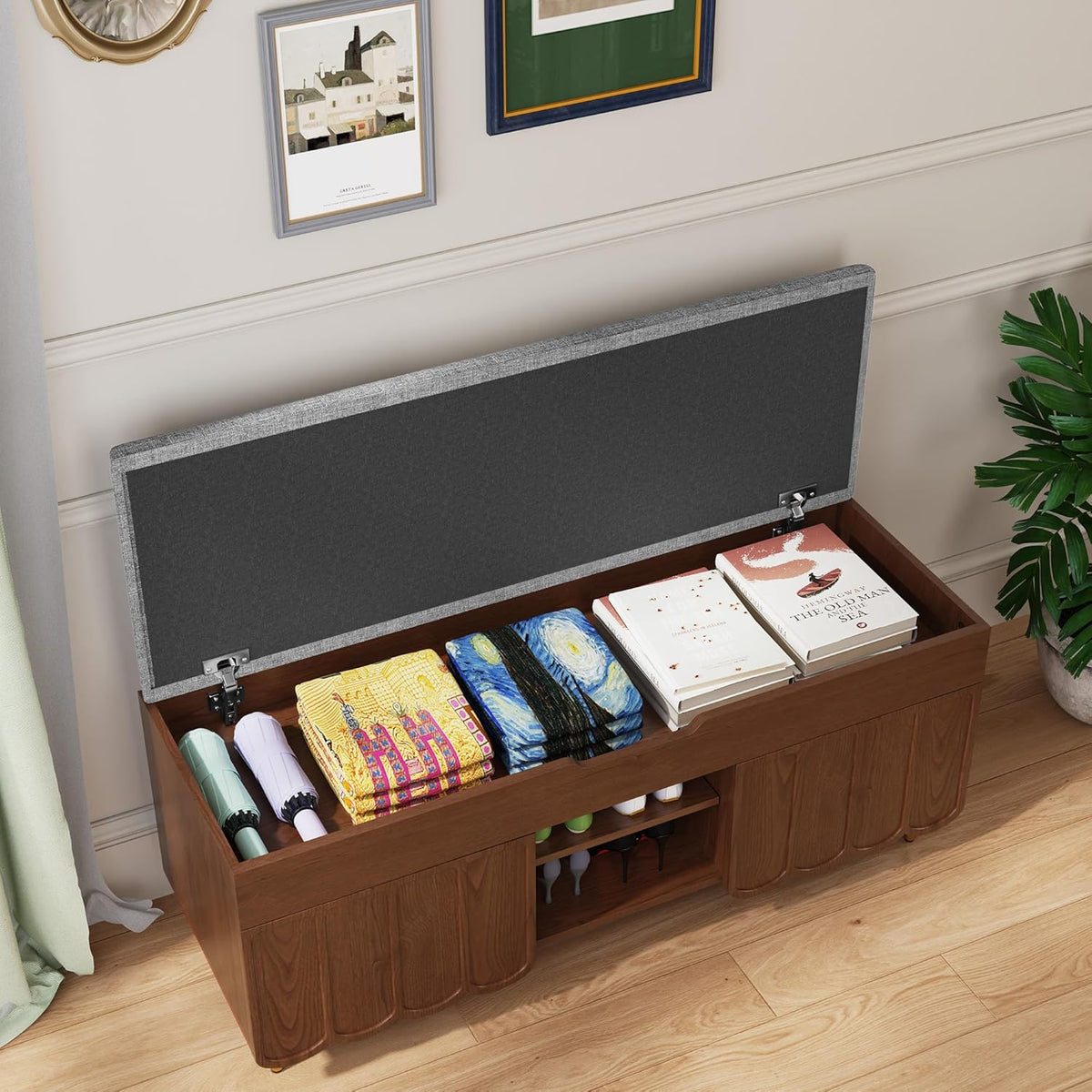 3More 40" Entryway Shoe Storage Bench,Upholstered Hidden Space Beneath Seat Cushion Bench,2-Tier Unique Geometric Shape with Wood Grain,Walnut