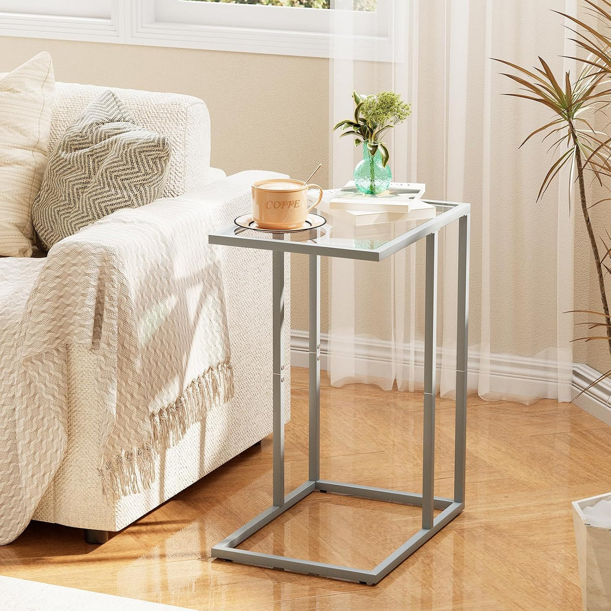 End Table,C Shaped Side Table for Sofa,Glass Couch Tray Snack Dinner Table for Living Room, Bedroom,TV Tray Table for Small Space,Living Room, Bedroom,Easy Assembly (Gray)