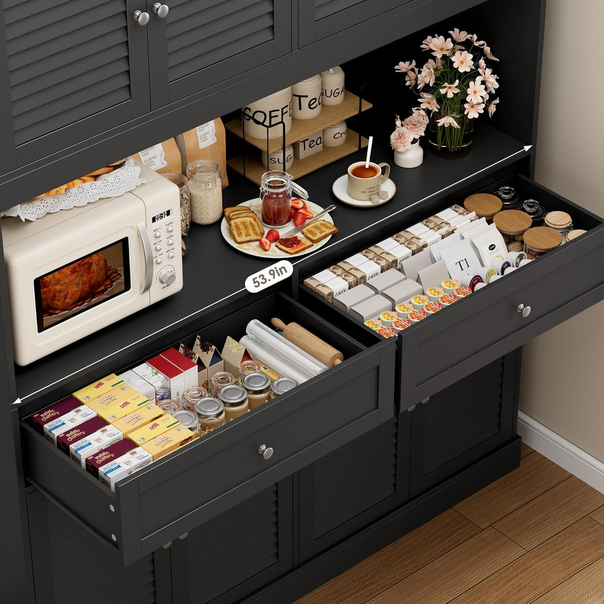 HIFIT 71“HX55“W Kitchen Hutch, Farmhouse Pantry Cabinet for Food Storage | Large Kitchen Pantry Cabinet with Countertop and Storage Drawers for Dining Living Room, Black