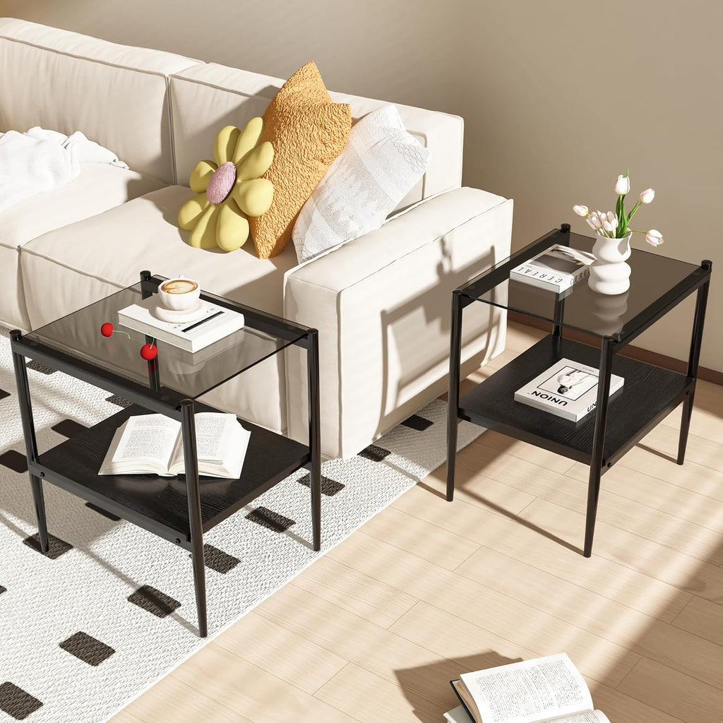 Glass end Table Set of 2,Living Room Glass Side Table,Glass Bedside Table,Suitable for Living Room, Bedroom
