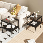 Set of 2 Rectangle Modern Glass End Table,Tempered Glass Top, Sofa Side Table with MDF Storage Shelf and Metal Legs,Modern Table for Living Room and Bedroom,Grey Glass/Black