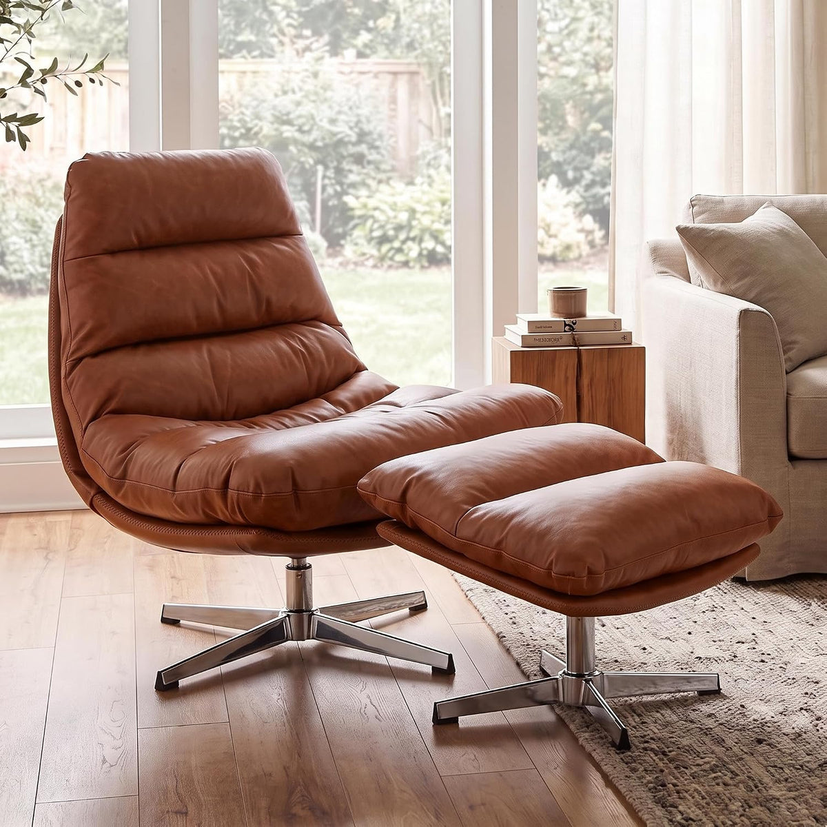HNY Brown Swivel Lounge Chair with Ottoman Modern PU Leather Accent Chair with Footrest 33'' Wide Oversized Armless Upholstered Reading Chair with Footstool for Living Room Bedroom Comfy